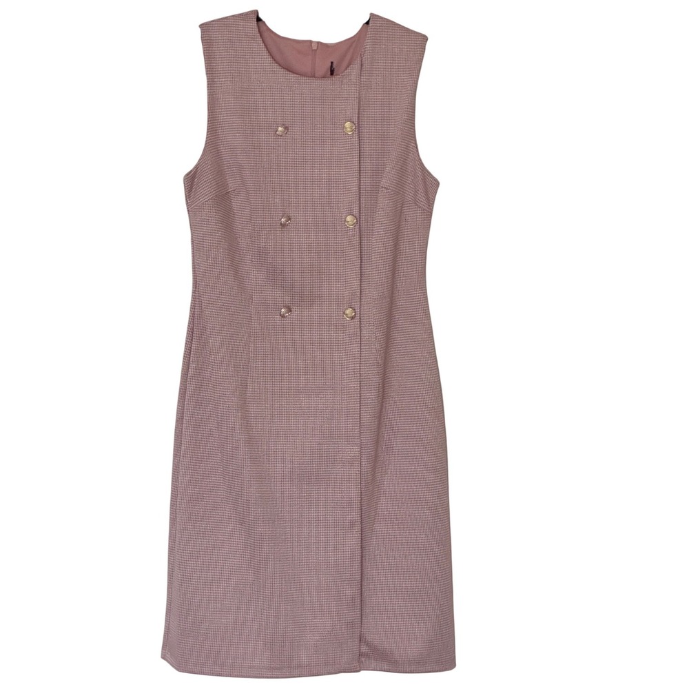 Houndstooth Sheath Dress Pink White Gold Button Double Breasted Women Size M